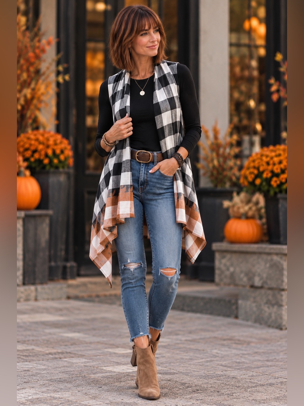 Upcycled Plaid Duster Vest Large OOAK Dip Bleached Halloween Orange Black White